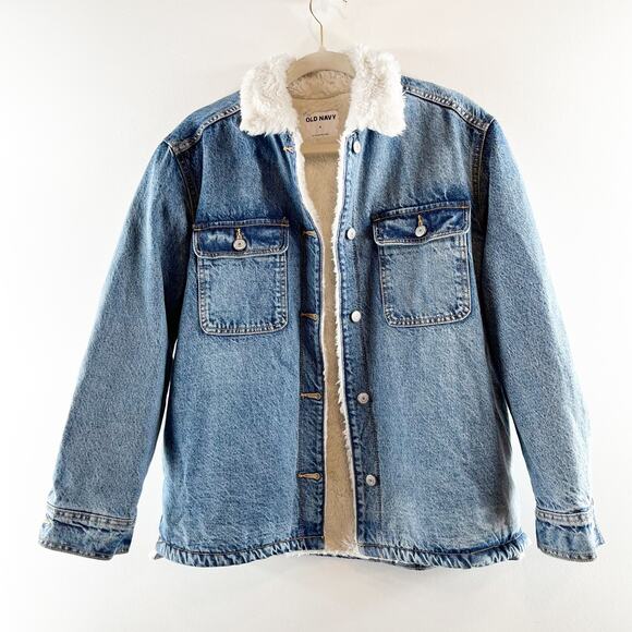 Old Navy Sherpa-Lined Non-Stretch Denim Jean Utility Shacket Blue Small - Picture 3 of 5